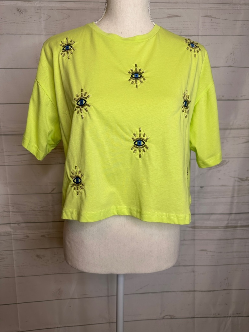 Neon Embroidered Evil Eye Crop Tee